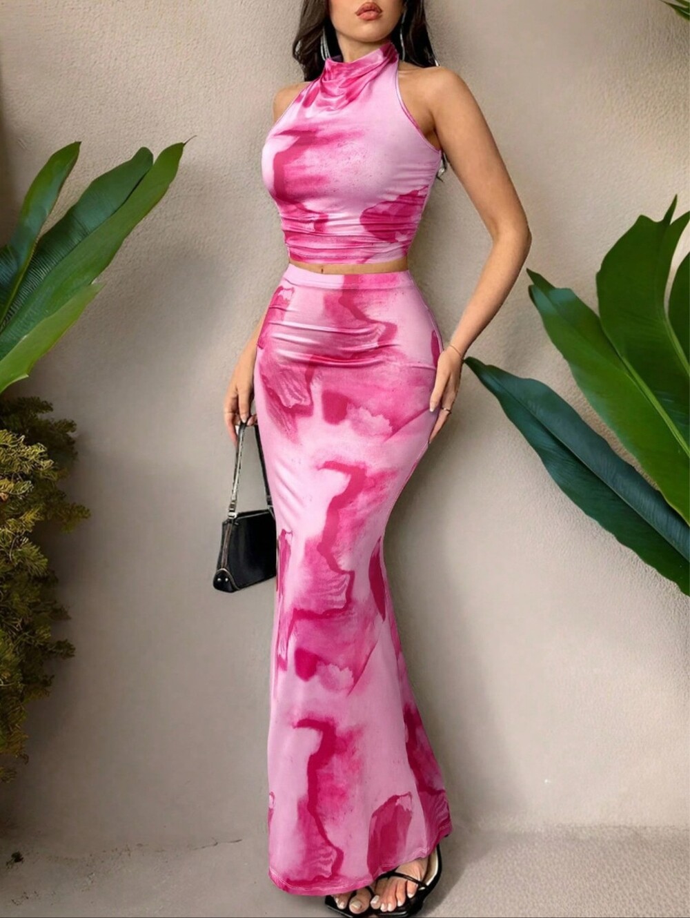 Two-Piece Tie-Dye Print Halter Crop Top & Maxi Skirt Set